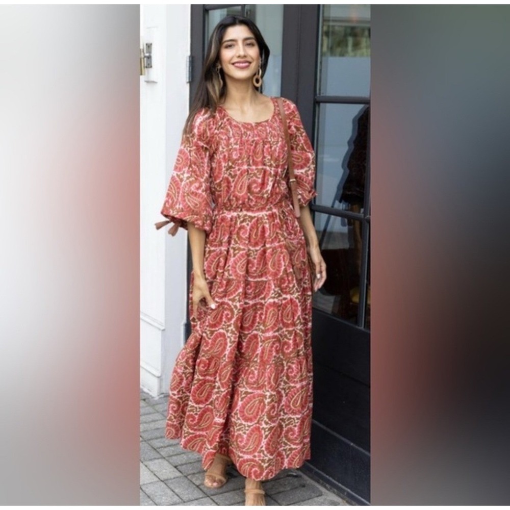 Cleobella Organic Cotton Paisley Smocked Tiered Maxi Dress Pink Brown Small